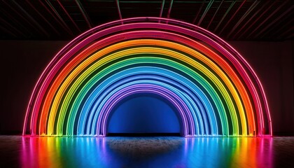 Rainbow neon lights brighten a dark space, showcasing vibrant colors of inclusion.