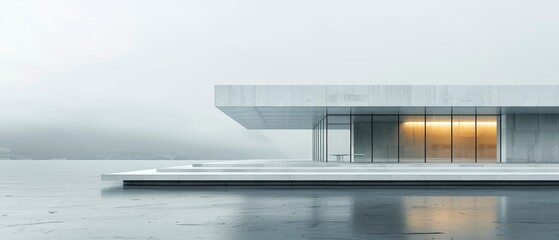 Obraz premium Modern architectural masterpiece beside a serene lake, surrounded by misty mountains and calm waters