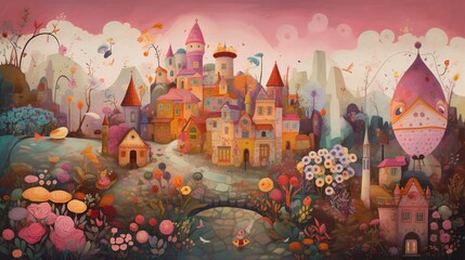 Whimsical Townscape with Fantasy Buildings Colorful Foliage and Playful Airship Adventure Artwork