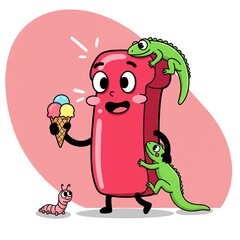 AI Generated Letter I Illustration with Cute Ice Cream Holding Character, Two Playful Lizards, and a Tiny Caterpillar for Educational Learning and Fun
