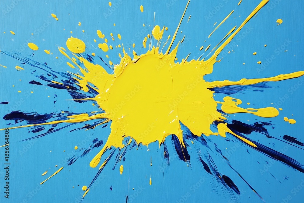 Poster bright yellow paint explosion on blue canvas showcasing vibrant colors and dynamic textures in an ab