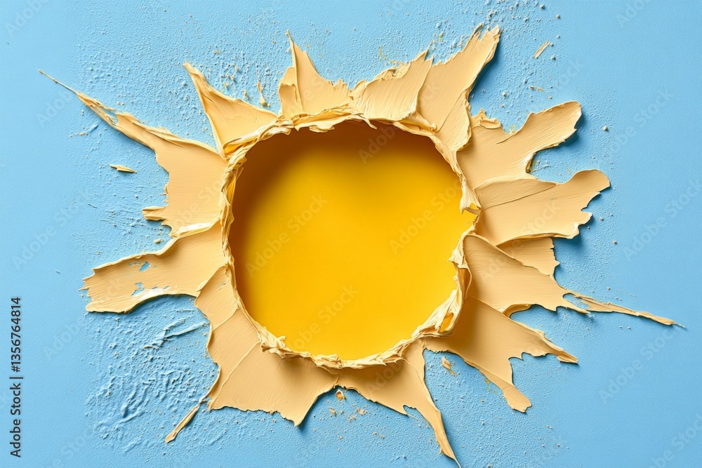 Poster bright yellow paint burst over blue surface creating a striking visual contrast that captures attent