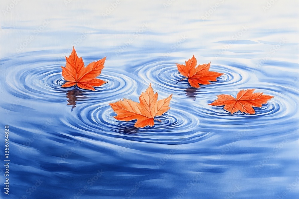 Poster colorful autumn leaves float on the surface of a tranquil water body creating ripples during a clear