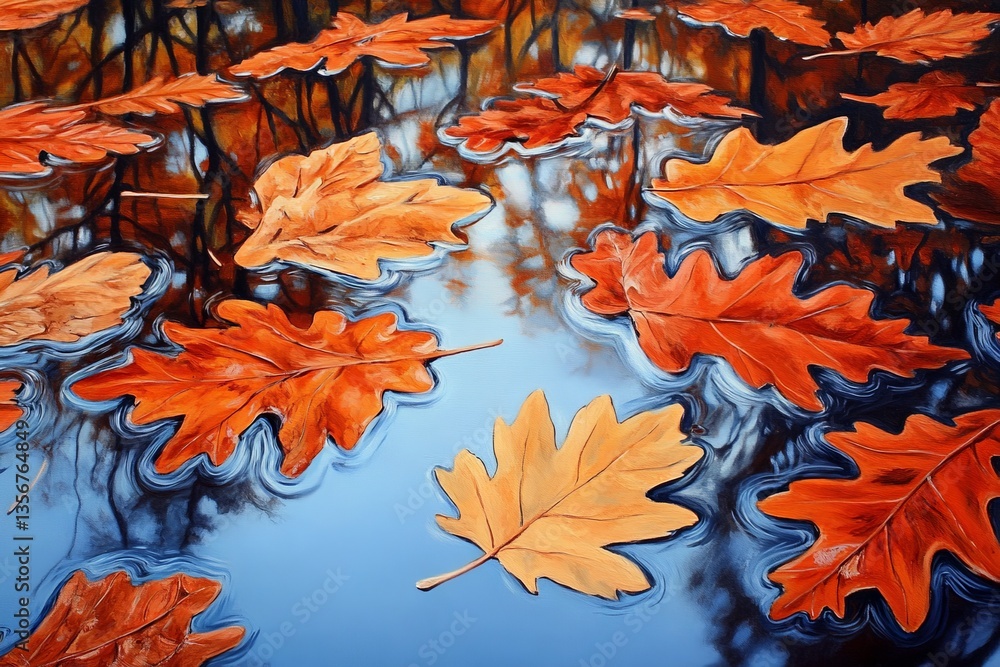 Poster colorful autumn leaves floating on a calm water surface reflect serene surroundings in a peaceful se