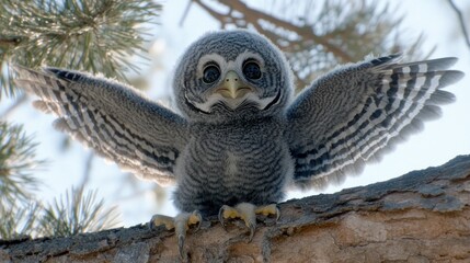 Adorable Baby Great Grey Owl Spreading its Wings