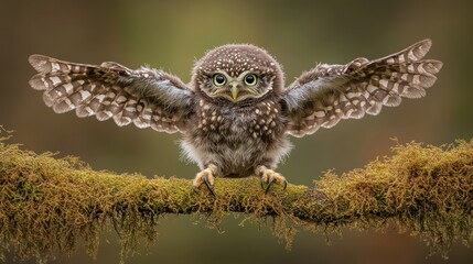 Little Owl with Spread Wings on Mossy Branch