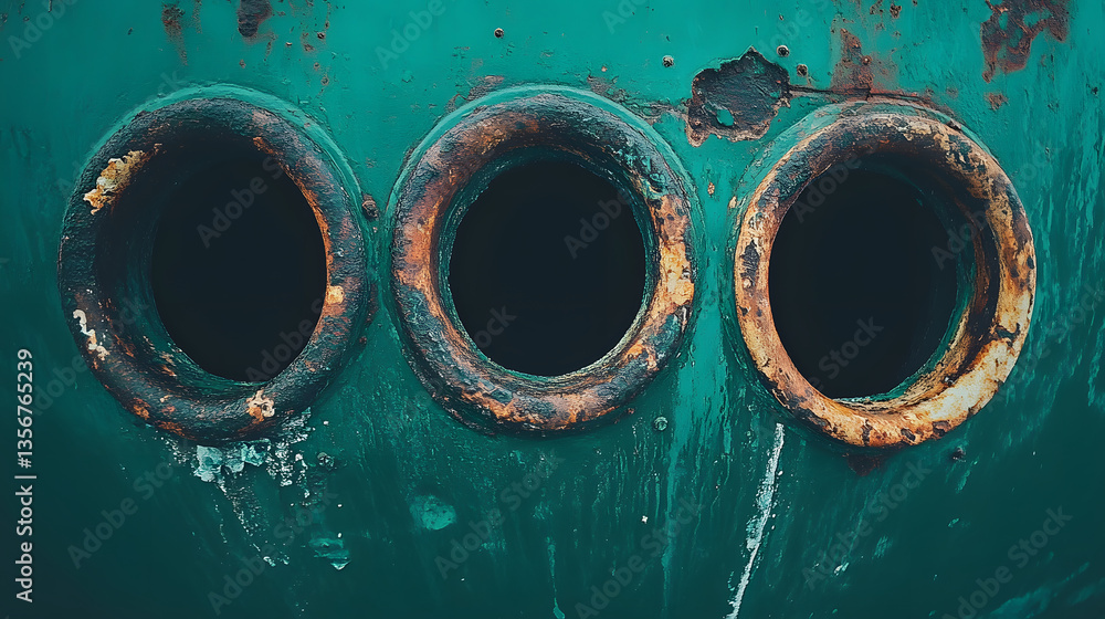 Poster Three weathered circular openings on a textured surface, showcasing rust and peeling paint, suggestive of decay and age