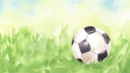 Watercolor Soccer Ball on Grass