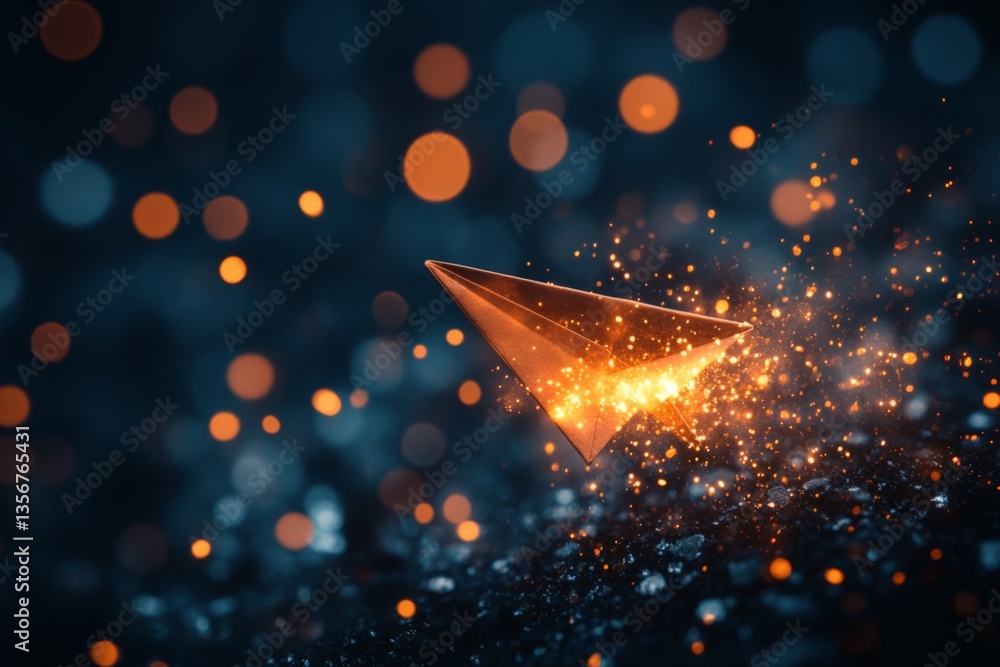 Poster origami paper airplane flying through a glowing night sky filled with sparkling particles and bokeh 
