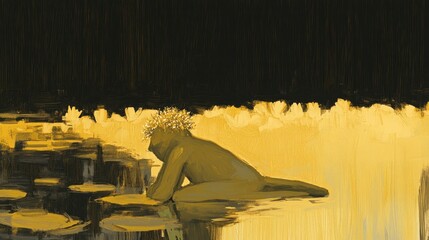 Golden Hour by the Still Waters: A Figure Contemplates by the Lily Pads