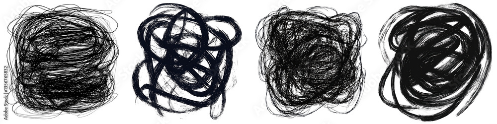 Poster a dynamic composition of intertwined abstract black line scribbles and swirls creating a visually ca