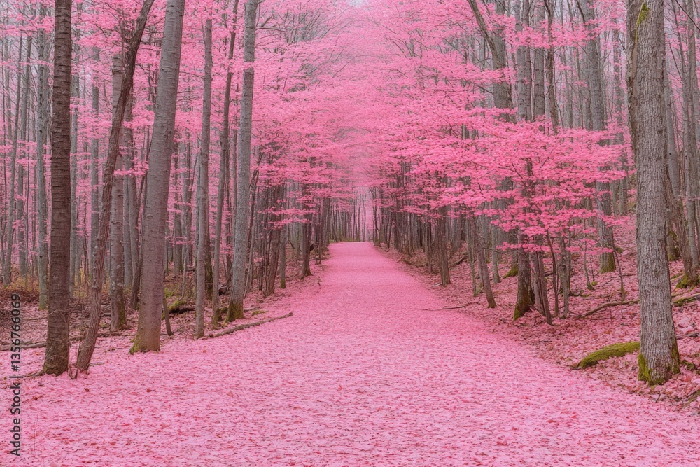 Poster beautiful pink forest path lined with blooming trees during springtime in a tranquil woodland
