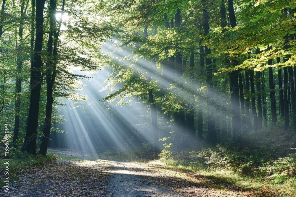 Poster sunlight streams through green forest trees along a quiet path on a serene morning