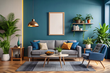 Modern Living Room Design with Blue Accents and Plants