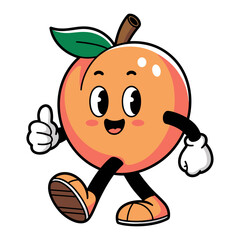 Retro cartoon character of a happy peach walking with a thumbs-up gesture