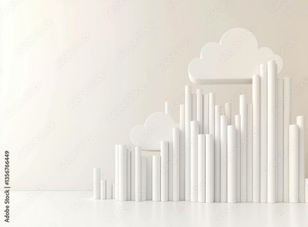 Poster minimalistic white abstract composition with geometric shapes resembling clouds and buildings on a l