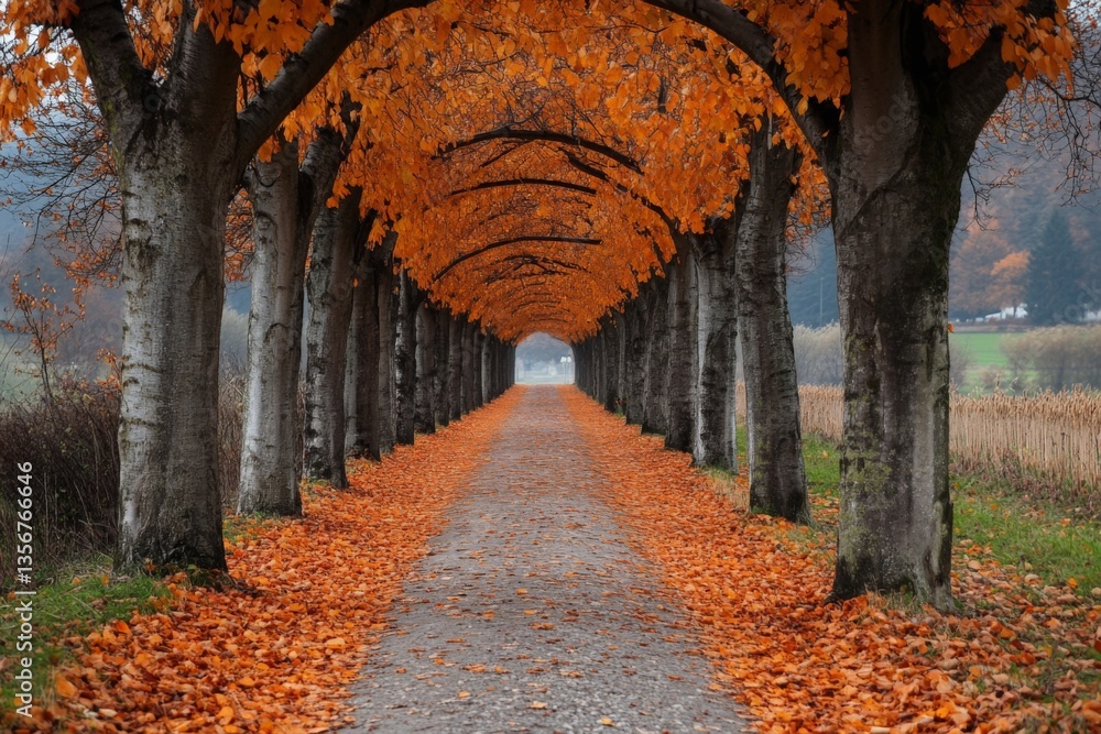 Aufkleber beautiful tree-lined pathway with vibrant autumn leaves in a peaceful park setting