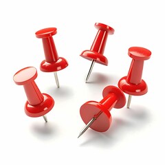 Six red pushpins arranged neatly with varied positions symbolizing simplicity and functionality against a plain white background
