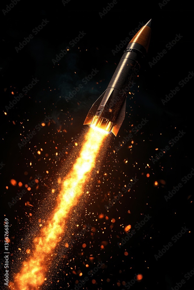 Poster dramatic rocket launch with fiery trail against dark background conveying ambition and technological