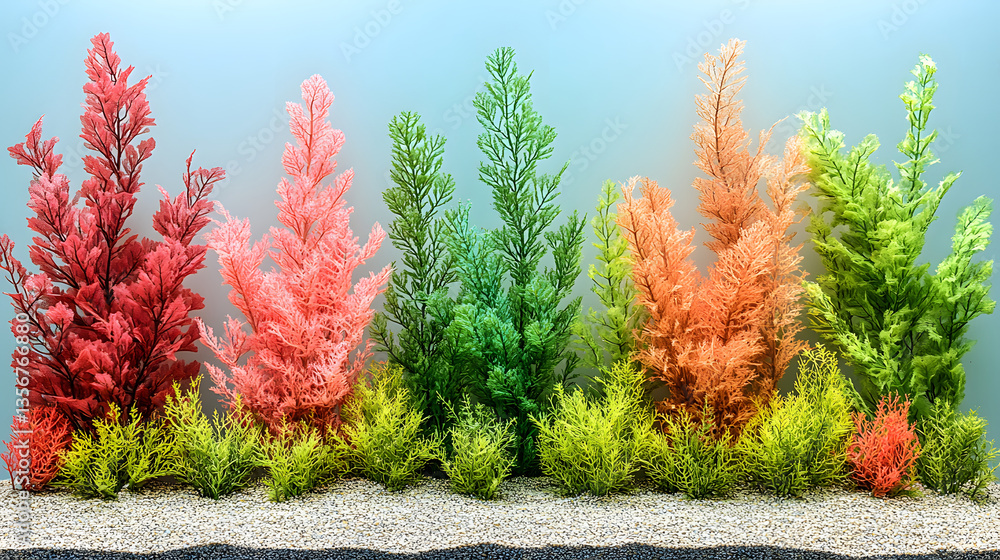 Poster a vibrant arrangement of colorful artificial corals, showcasing various shapes and hues, perfect for