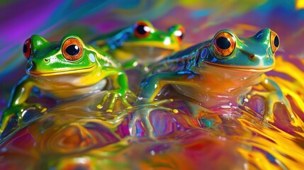 Vibrant Trio: Red-Eyed Tree Frogs on Iridescent Surface