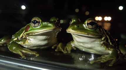 Nighttime Encounter: Two Green Tree Frogs Pose for the Camera