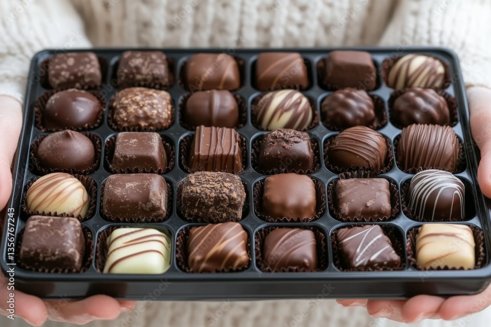 Poster assortment of beautifully crafted chocolates held by a person in a cozy setting during the afternoon