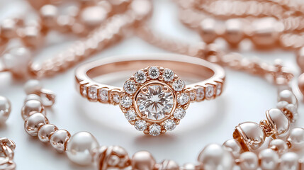 Luxury Ring with Diamonds and Pearls: An elegant, rose-gold ring adorned with sparkling diamonds and surrounded by delicate pearl necklaces, a symbol of timeless beauty and sophistication.