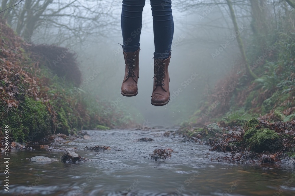 Poster boots hovering above a stream in a foggy forest landscape, showcasing the serenity of nature and the