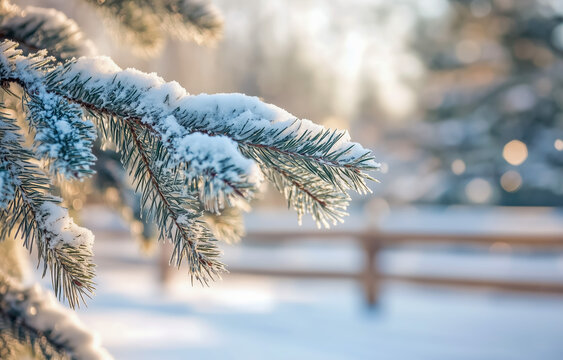 Snow-covered pine branch with sunlight in winter landscape