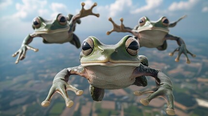Three Flying Frogs Soaring Through the Sky