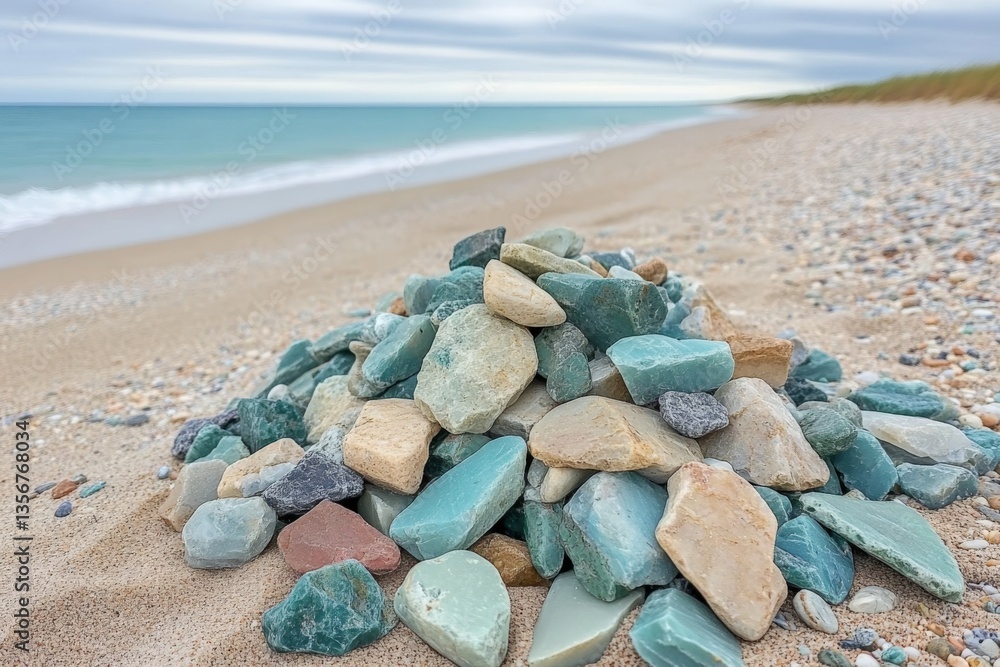 Poster exotic stones gather on a quiet beach as gentle waves lap the shore during a cloudy day