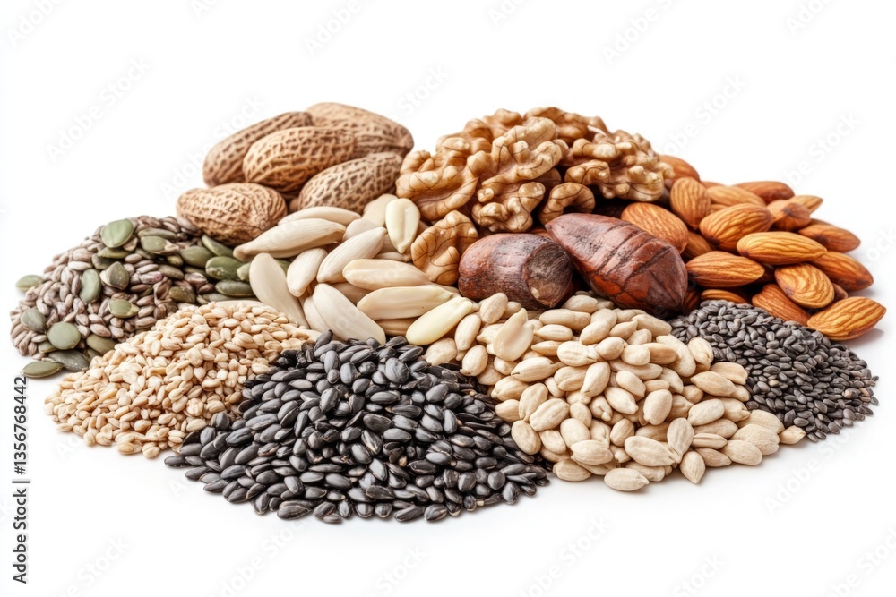 Poster nuts and seeds assortment displayed on white background in a vibrant and healthy arrangement