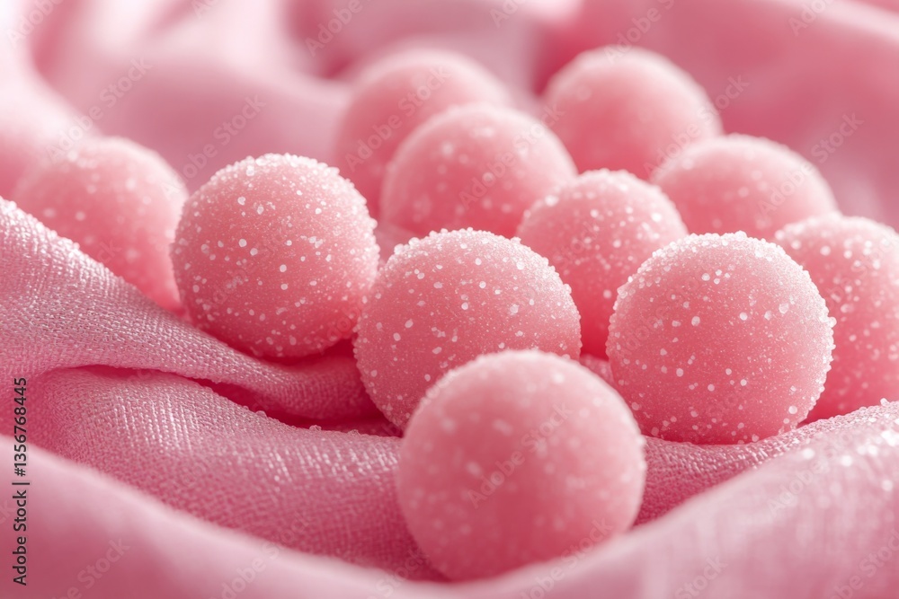 Poster pink sugar-coated candy balls arranged on soft fabric create a vibrant and sweet display