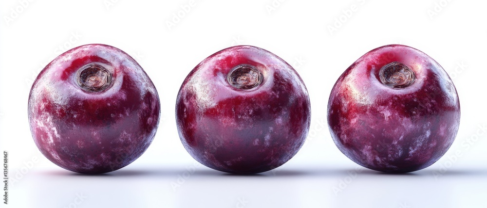 Poster three glossy plums in a row against a clean white background creating a simple yet elegant compositi
