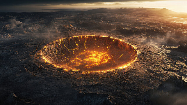 Ancient asteroid crater with glowing edges, showcasing dramatic climate shifts and prehistoric impact.