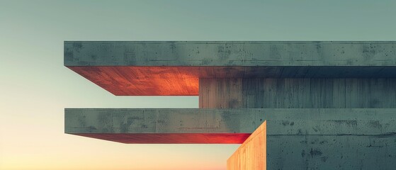 Modern architectural structure with concrete and wooden elements under a soft sunset glow
