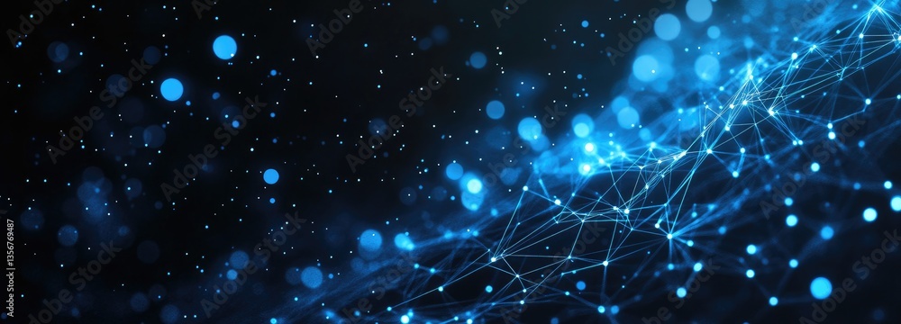 Poster a captivating abstract image featuring glowing blue dots and interconnected lines on a dark backgrou