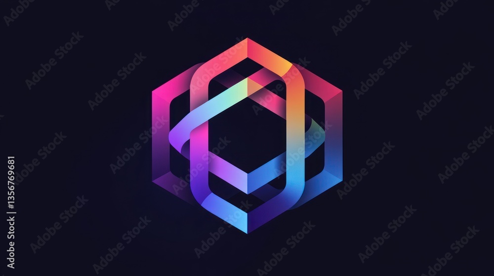 Poster gradient hexagon intertwined ribbons, abstract design on dark background