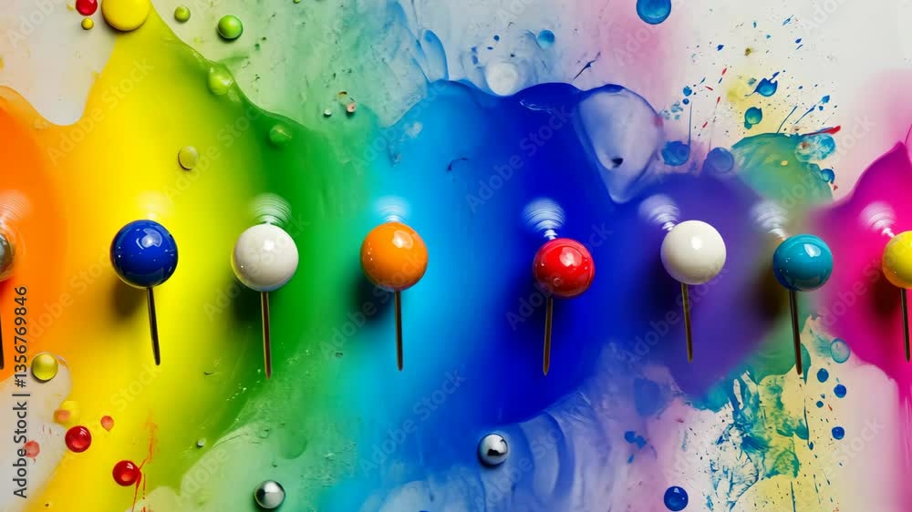 Poster colorful push pins on abstract paint splashes in simple layout