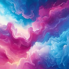 Bright magenta and cyan clouds, vibrant and dynamic with fluid glossy patterns