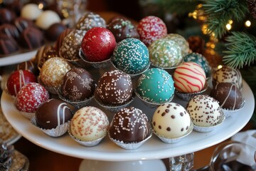 Assorted handmade chocolate truffles displayed on a tiered tray during a festive celebration