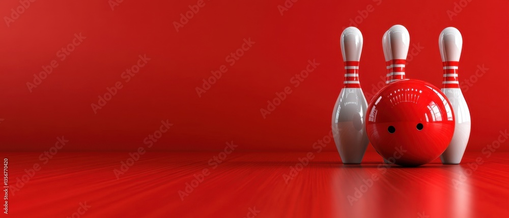 Poster dynamic bowling scene with red ball and pins on a red surface for game and sport concepts