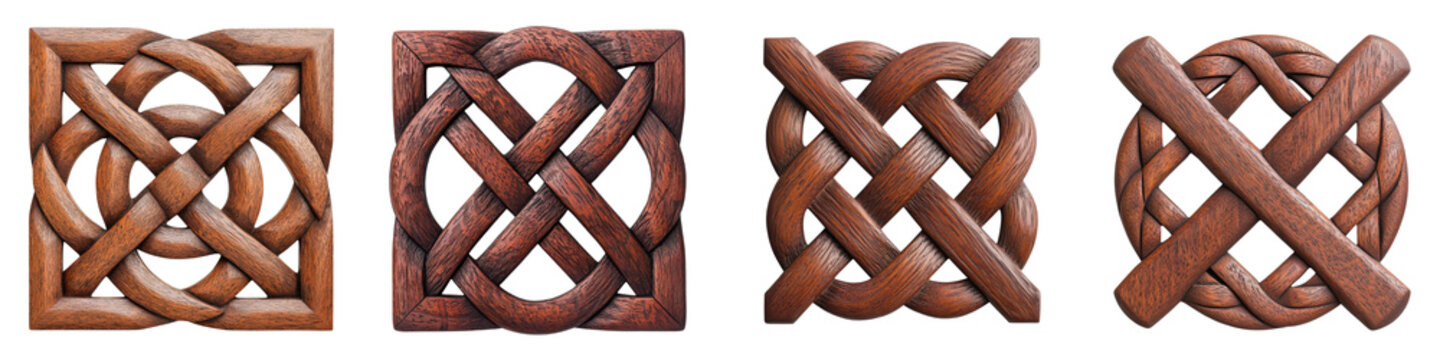 Beautifully crafted wooden sculptures featuring intricate Celtic inspired knot patterns and designs