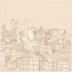 Obraz premium Detailed Cityscape Sketch Urban Landscape Line Art Perspective Featuring Buildings Towers and Structures