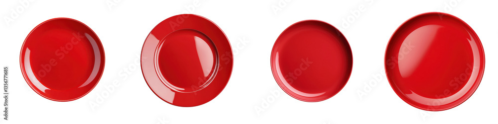 Aufkleber a collection of four red round ceramic plates arranged neatly on a plain white background creating a