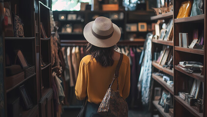 Vintage Shopping Experience: A woman, adorned with a hat, explores a charming shop filled with vintage items and clothing. She's immersed in a world of nostalgia and style. 