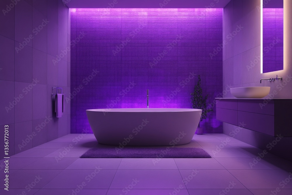 Poster modern bathroom with ambient purple lighting and minimalist design creating a serene atmosphere suit