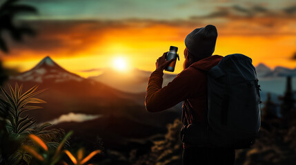 Fototapeta premium Hiker Sips from Bottle at Eco-Lodge