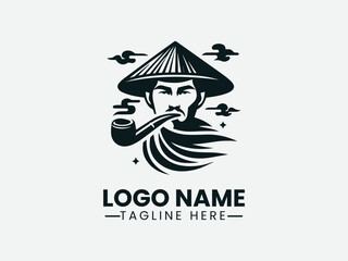 Asian farmer with conical hat smoking pipe. Cultural heritage logo
